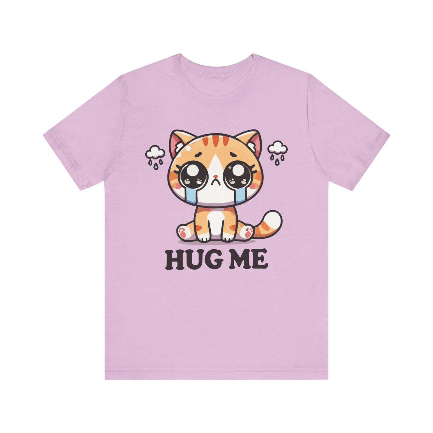 Lilac t-shirt showing a kawaii orange tabby with tears and rain clouds, above the playful text "Hug Me."