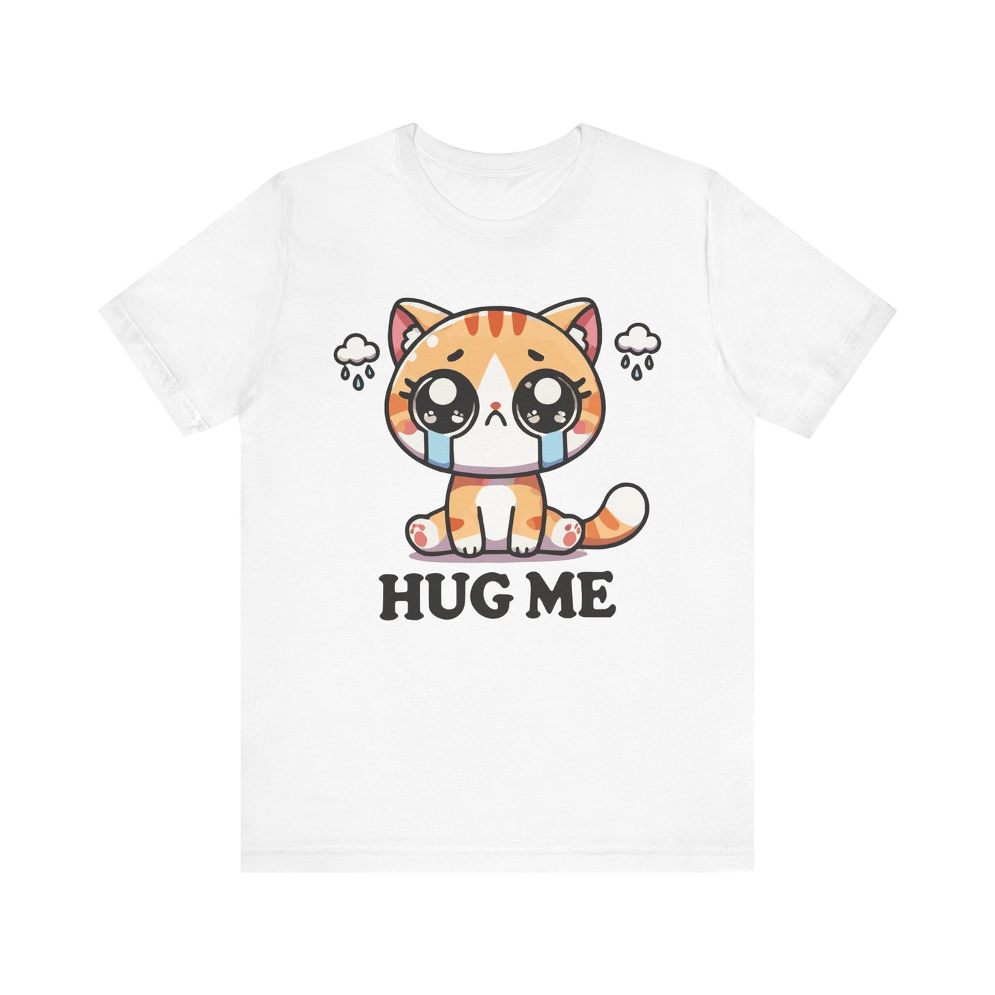 White t-shirt featuring a teary-eyed orange tabby cat under sad rain clouds with the phrase "Hug Me" in black text.