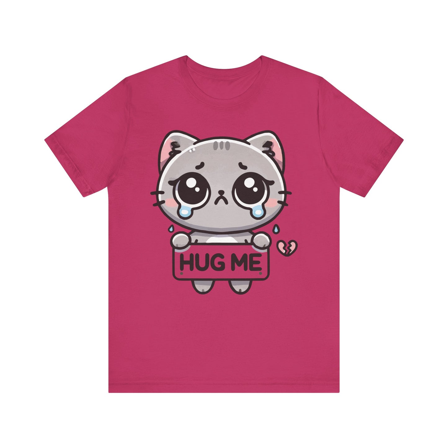 Berry t-shirt with a cute sad anime-style cat clutching a "Hug Me" sign, teardrops, and a tiny heart detail.