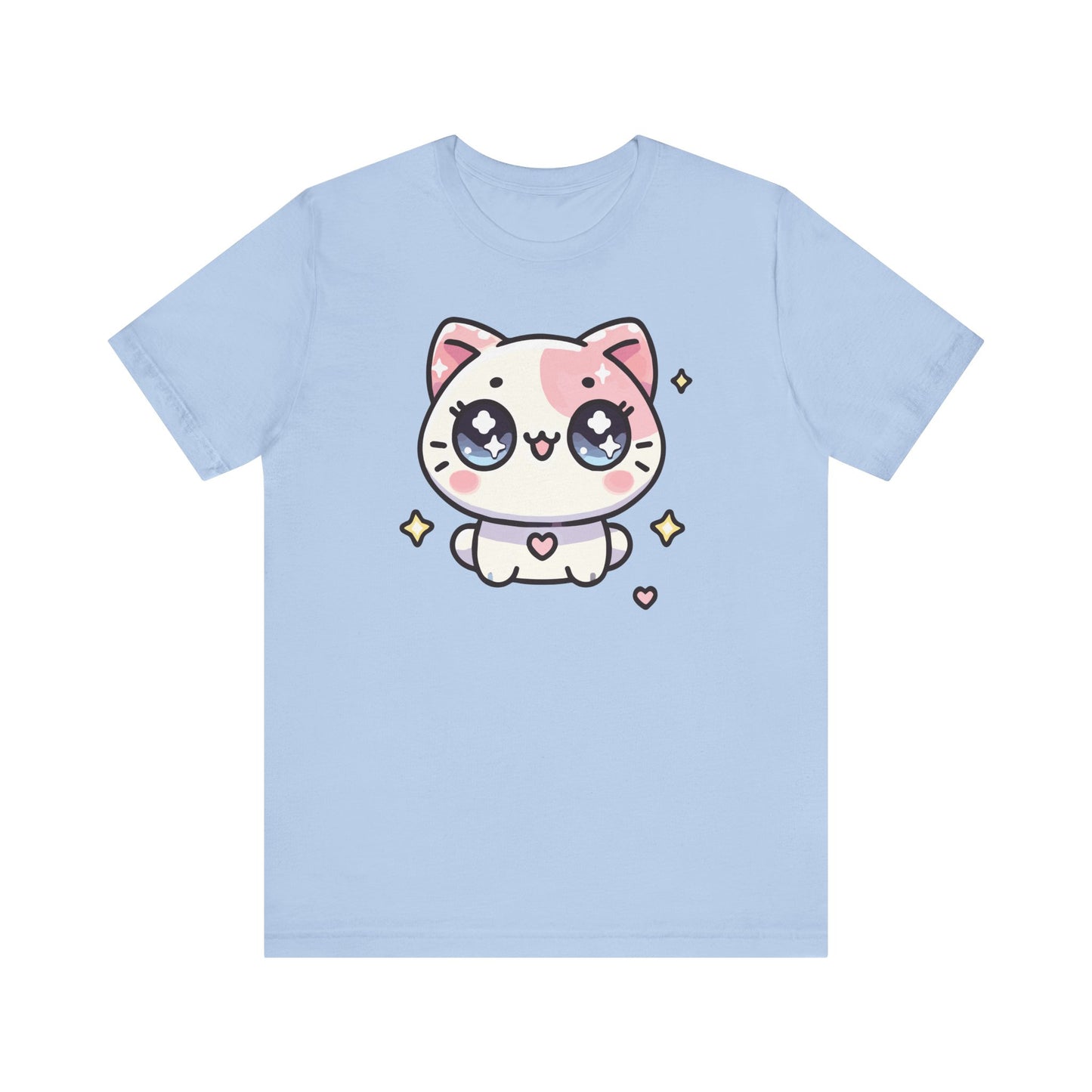 Baby blue t-shirt with a sweet pastel kawaii cat with blushing cheeks, big sparkly eyes, and tiny stars and heart accents.