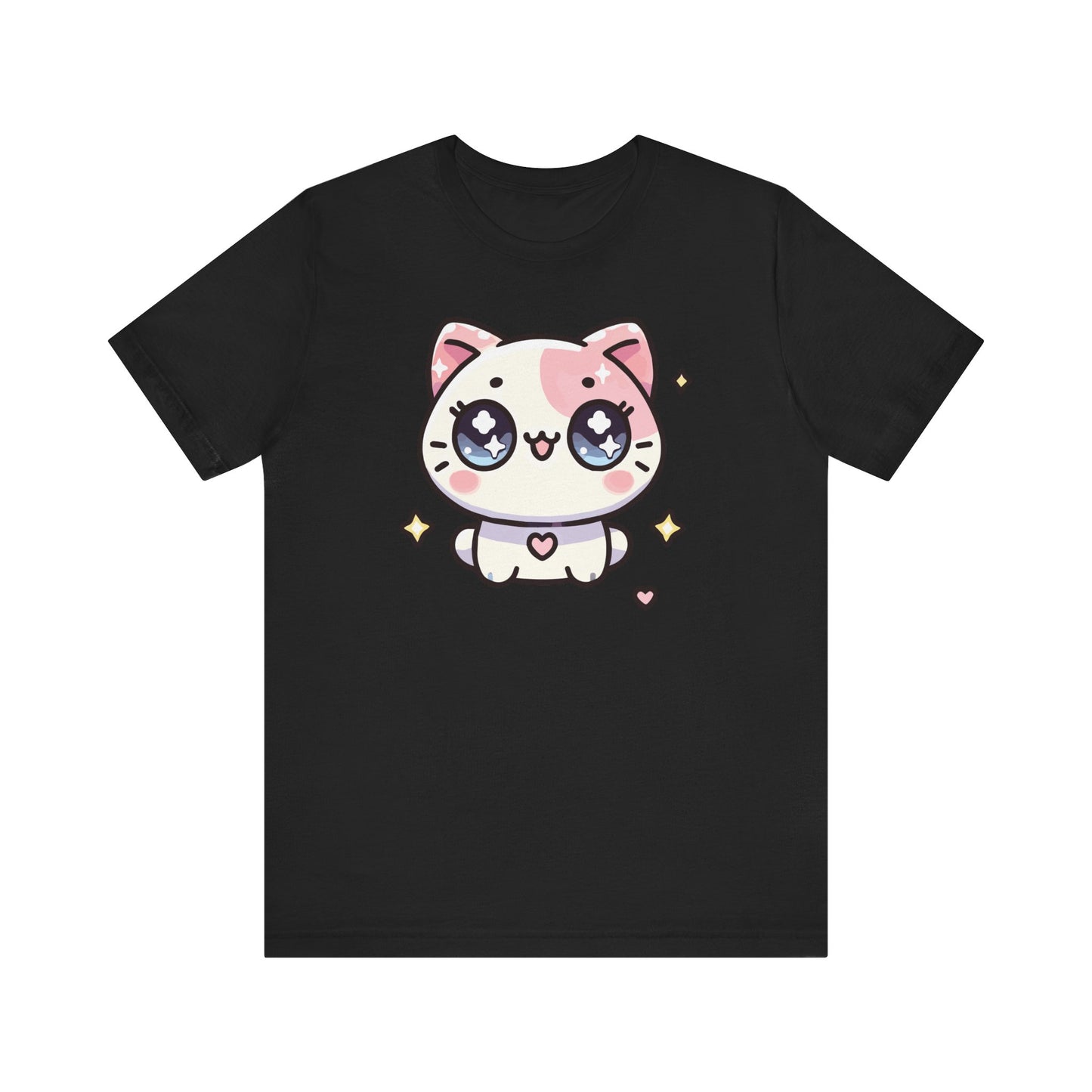 Black t-shirt with a cute kawaii-style white and pink blushing cat with big sparkling eyes, tiny heart details, and pastel stars in an anime-inspired design.