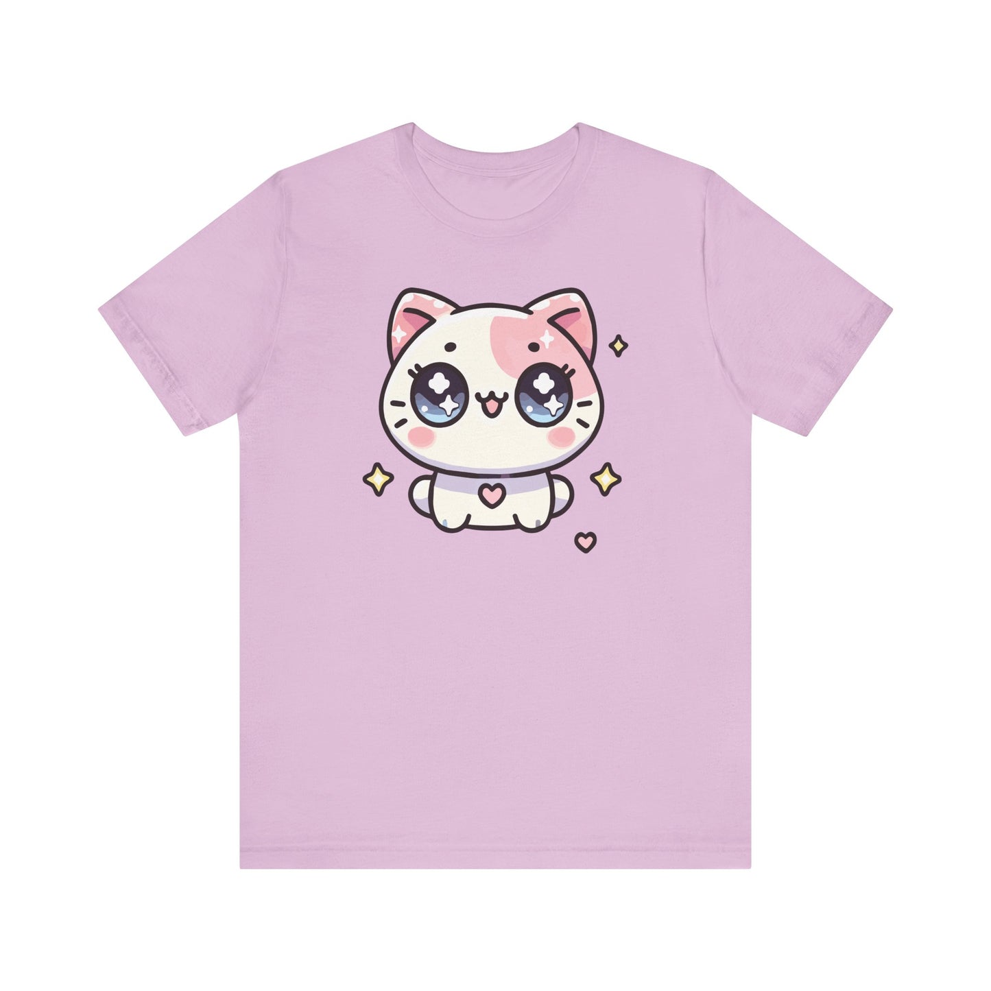 Lilac t-shirt featuring an adorable blushing cat with pastel coloring, starry eyes, and cute kawaii heart and sparkle accents.