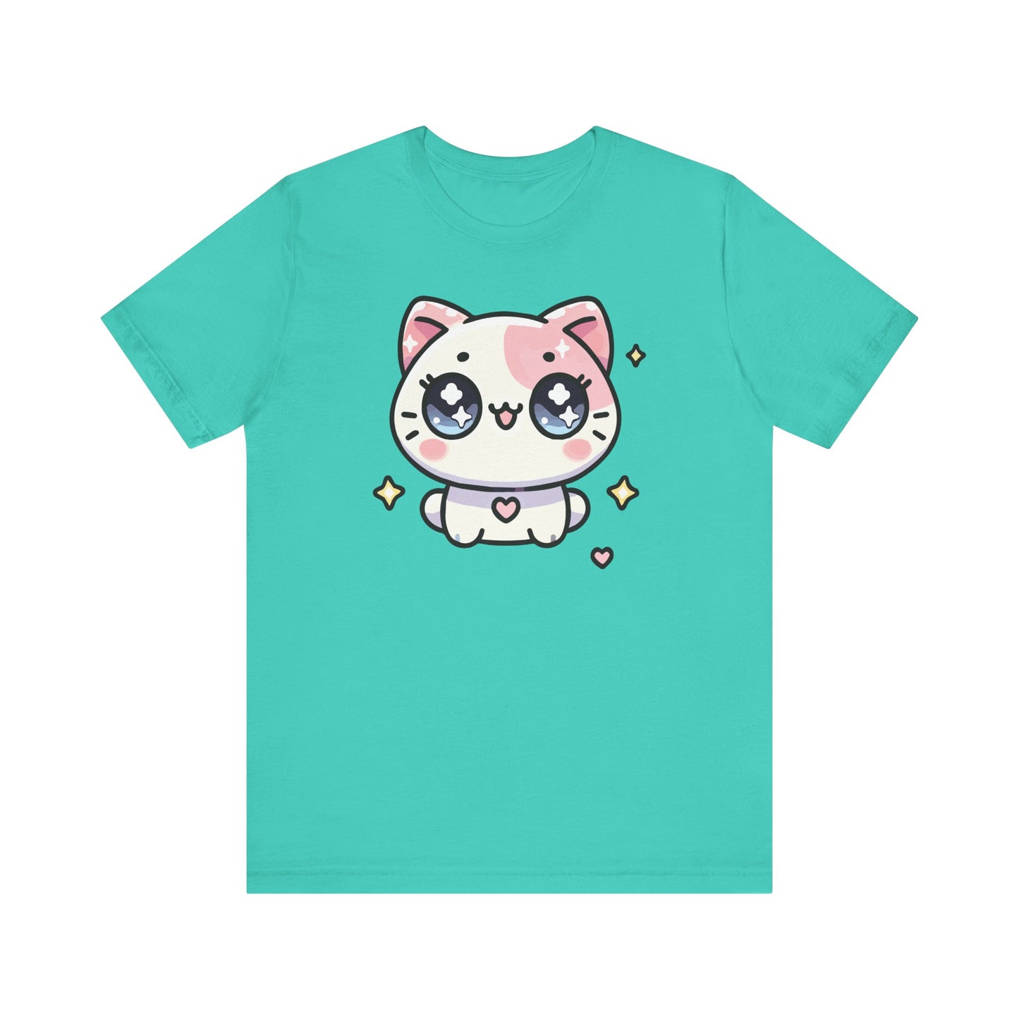 Teal t-shirt with a cute pastel blushing cat with anime eyes and small heart and sparkle accents — perfect kawaii aesthetic.