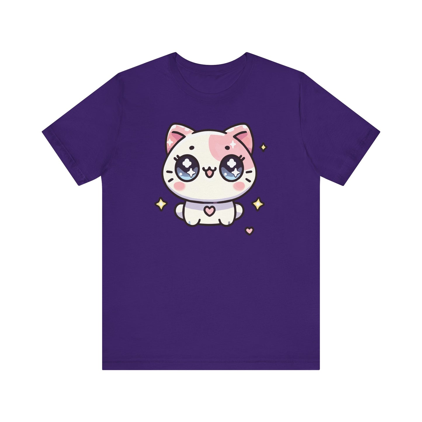 Team purple t-shirt with an adorable kawaii-style blushing cat, pastel pink patches, sparkling eyes, and hearts.