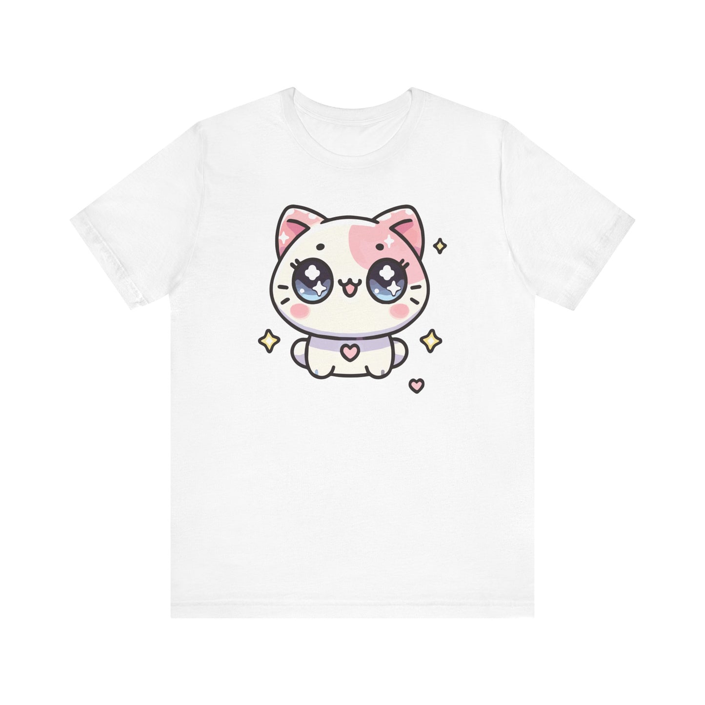 White t-shirt with a kawaii blushing cat, pink patch, big sparkling anime eyes, surrounded by pastel hearts and stars.