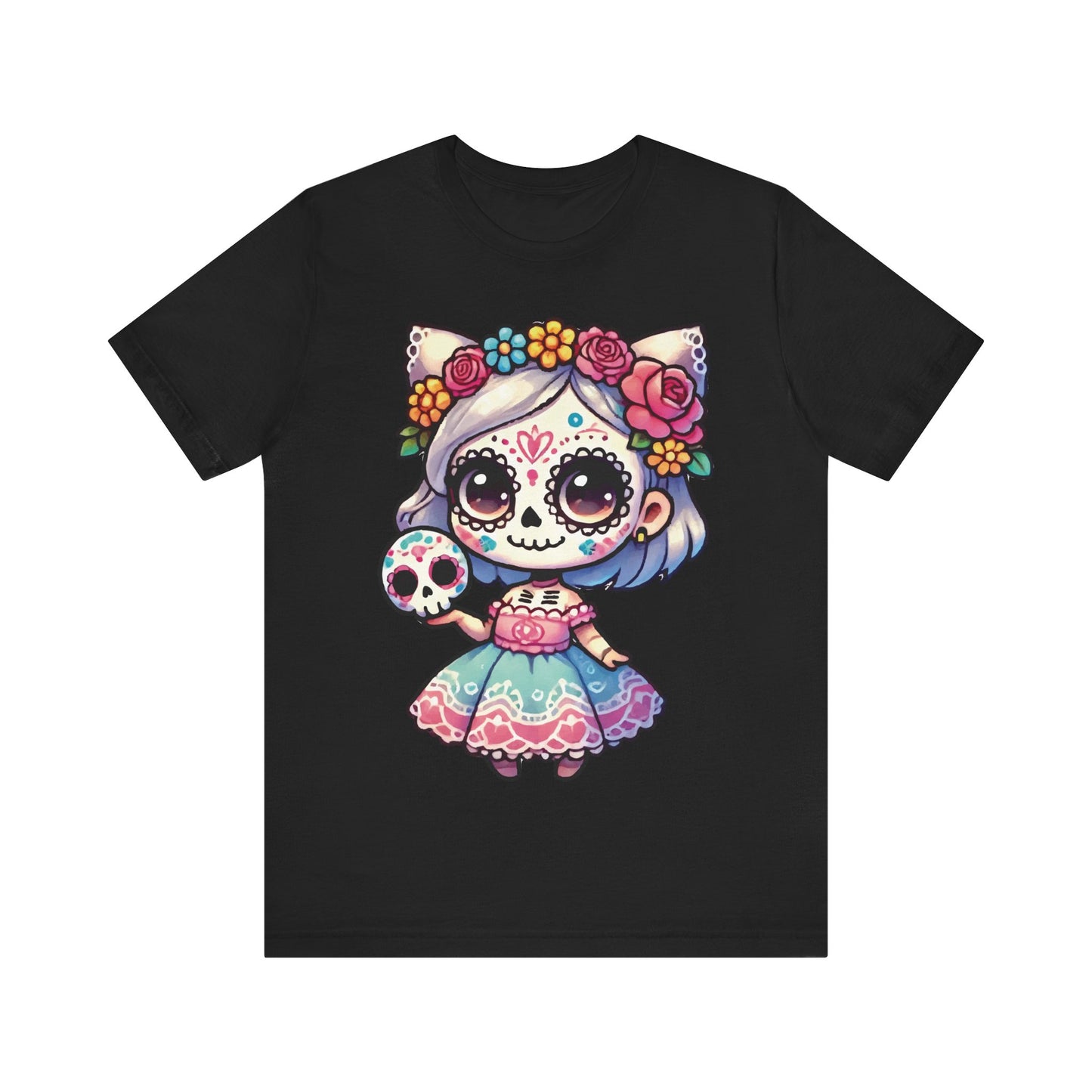 Black t-shirt featuring a cute chibi cat girl sugar skull character with white hair, colorful flower crown, cat ears, holding a small decorated sugar skull, wearing a pastel pink and teal Mexican folk dress.