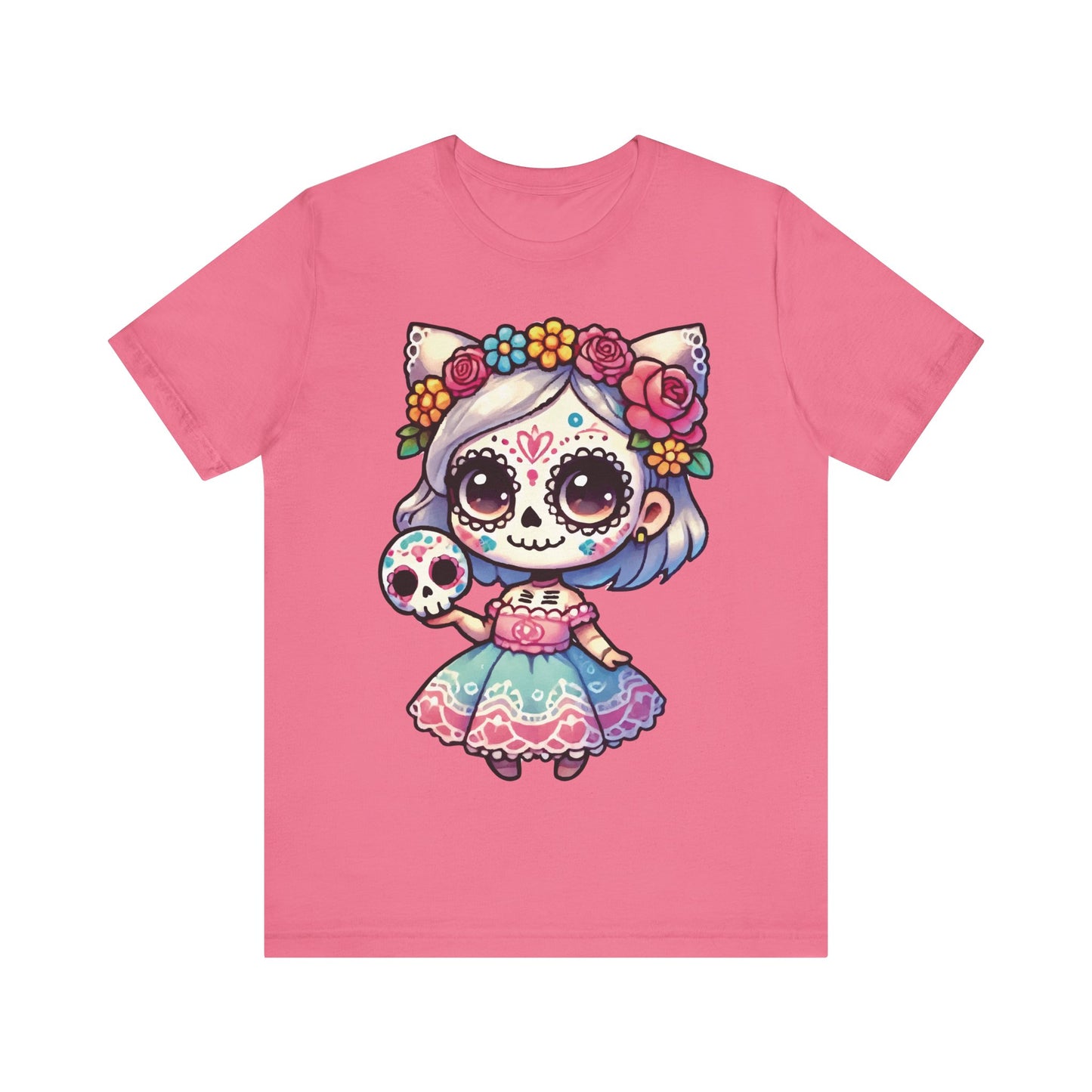 Charity pink t-shirt with adorable kawaii cat sugar skull girl, pastel dress, flower crown, cat ears, and sugar skull.