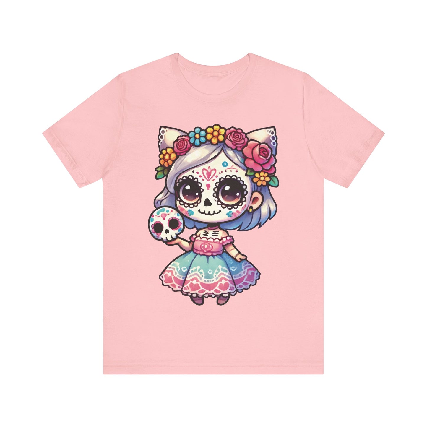 Pink t-shirt featuring kawaii cat sugar skull girl, pastel white hair, flower crown, cat ears, pink folk dress, and tiny sugar skull.
