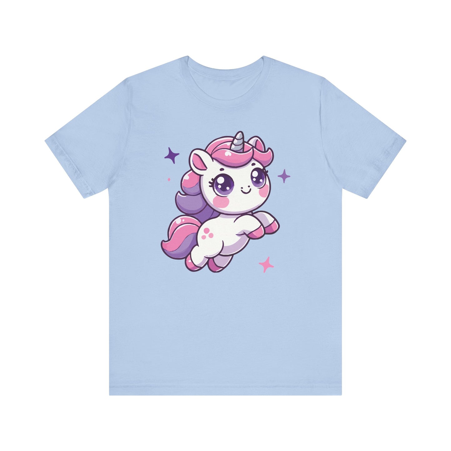 Baby blue t-shirt with an adorable kawaii flying unicorn with pastel mane and sparkling star accents, perfect for magical fashion looks.