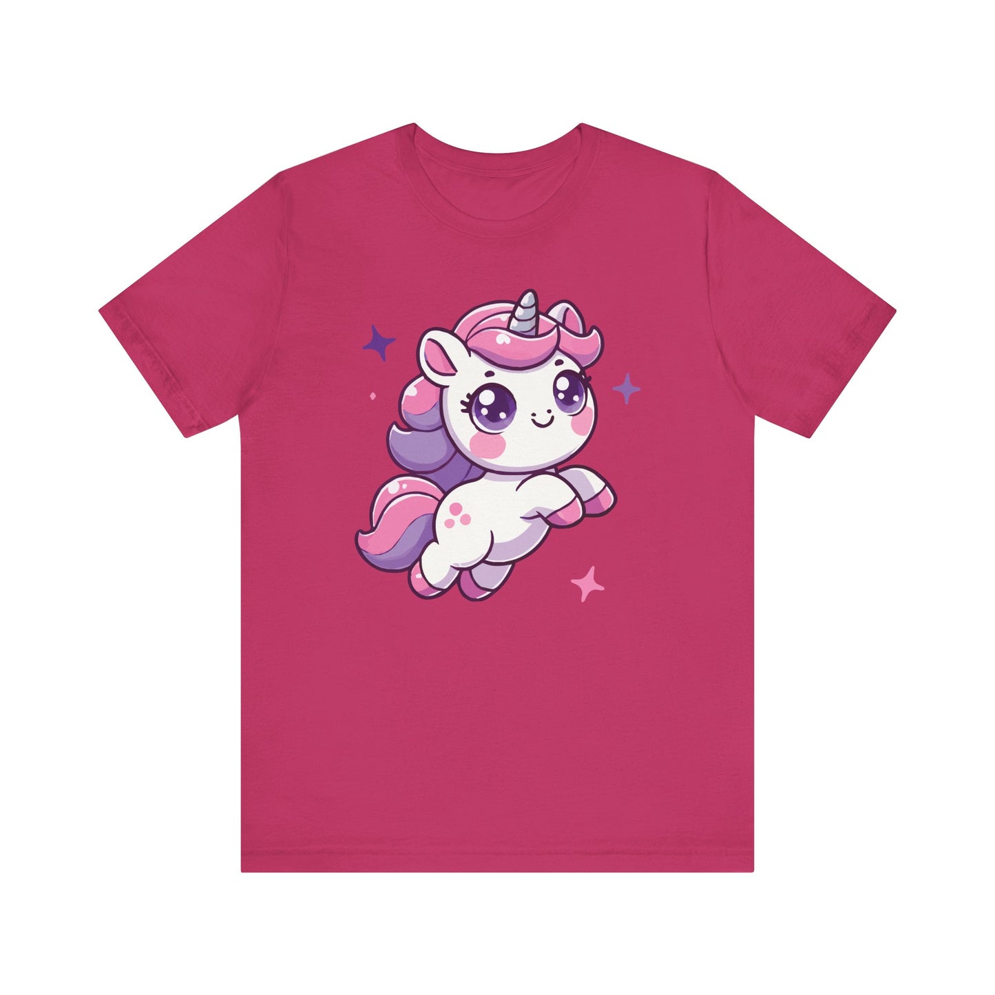 Berry t-shirt with a kawaii flying unicorn in pastel colors, purple and pink mane, sparkling eyes, and floating magical stars.