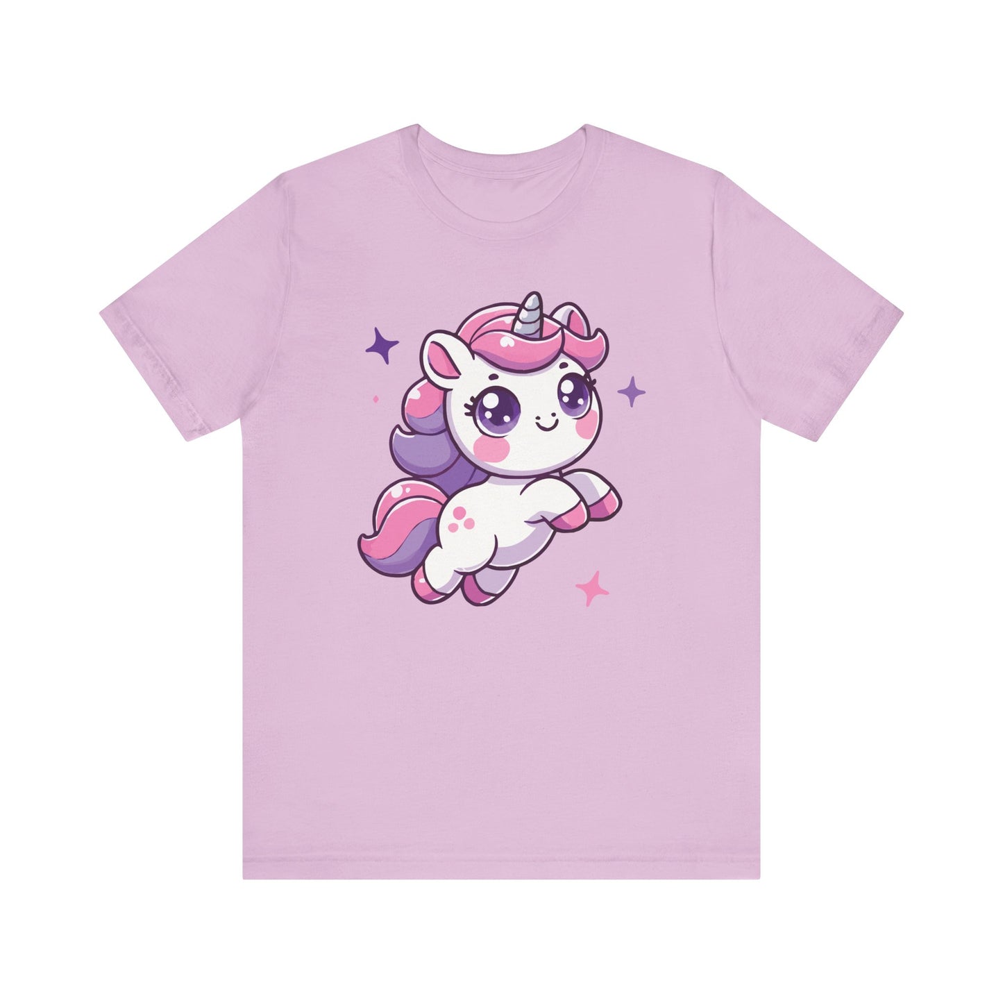 Lilac t-shirt featuring a cute flying unicorn with pastel pink and purple hair, anime eyes, and surrounded by twinkling pastel stars.