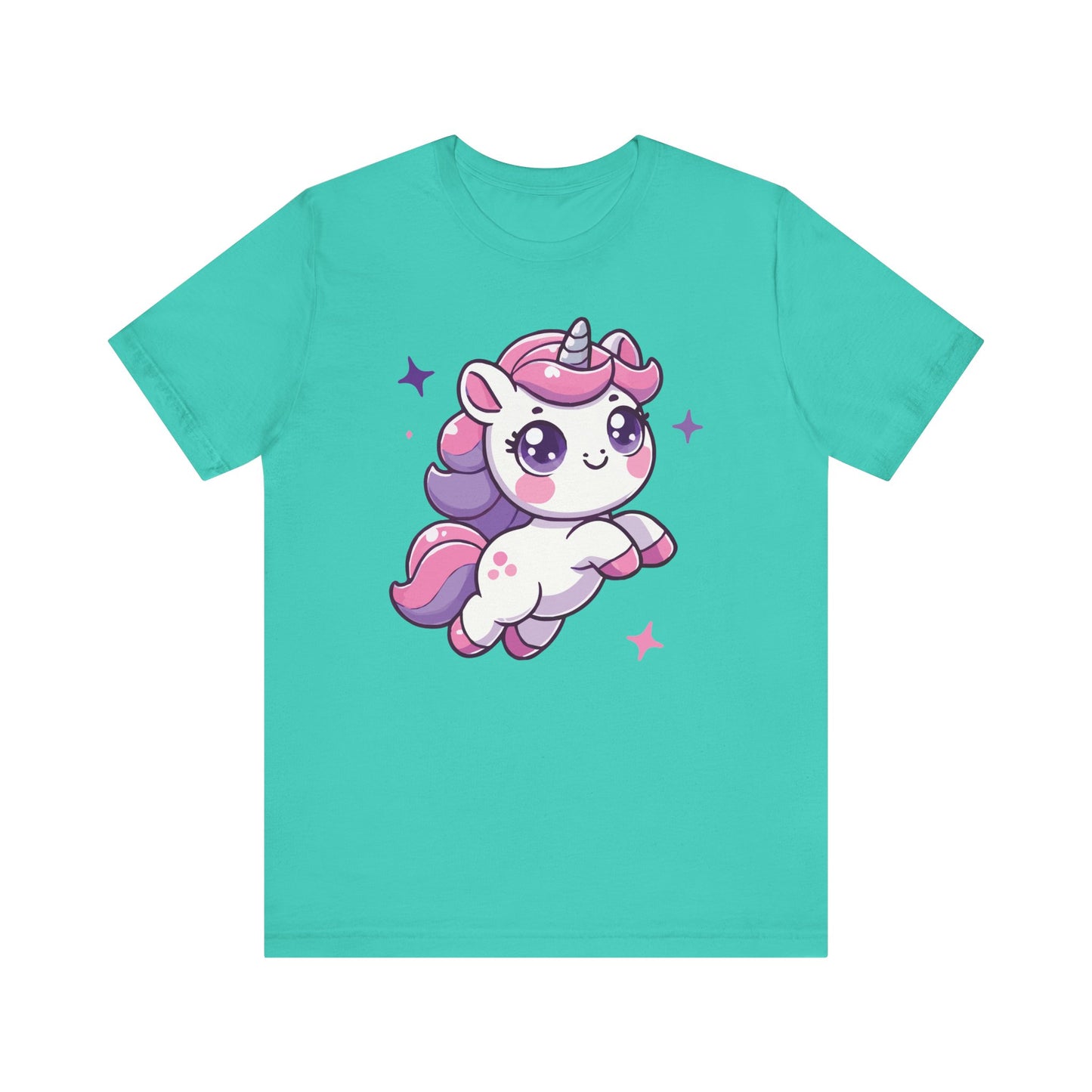 Teal t-shirt with a super cute flying kawaii unicorn with pastel pink and purple mane, sparkly anime eyes, and twinkling stars.