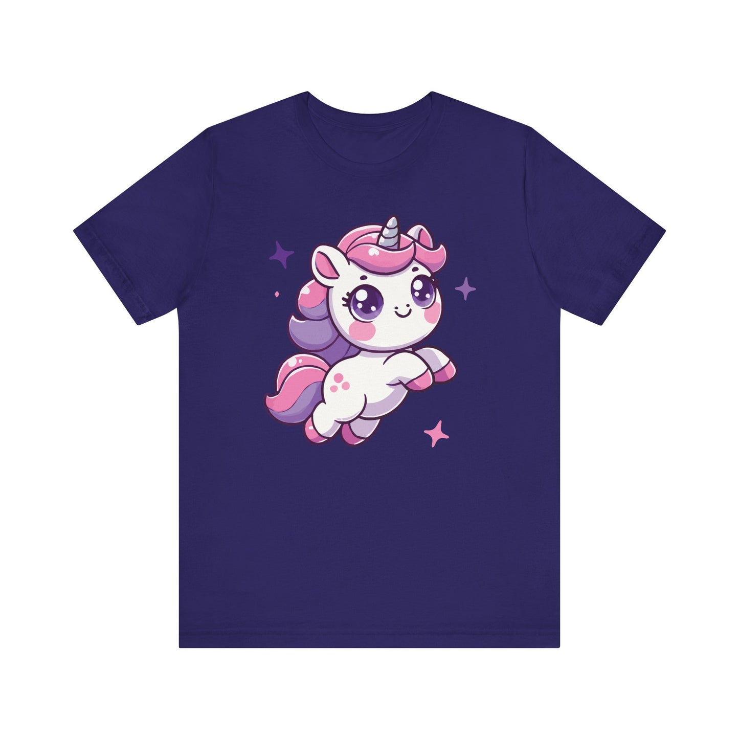 Team purple t-shirt featuring a pastel kawaii unicorn in mid-flight, with purple/pink mane, big sparkling eyes, and surrounding stars.