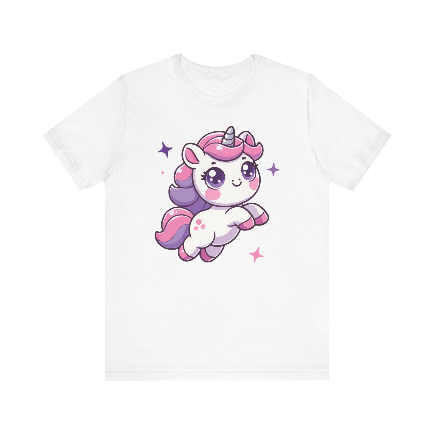 White t-shirt with a kawaii flying unicorn, pastel pink and purple mane, twinkling anime eyes, and star accents in a magical design.