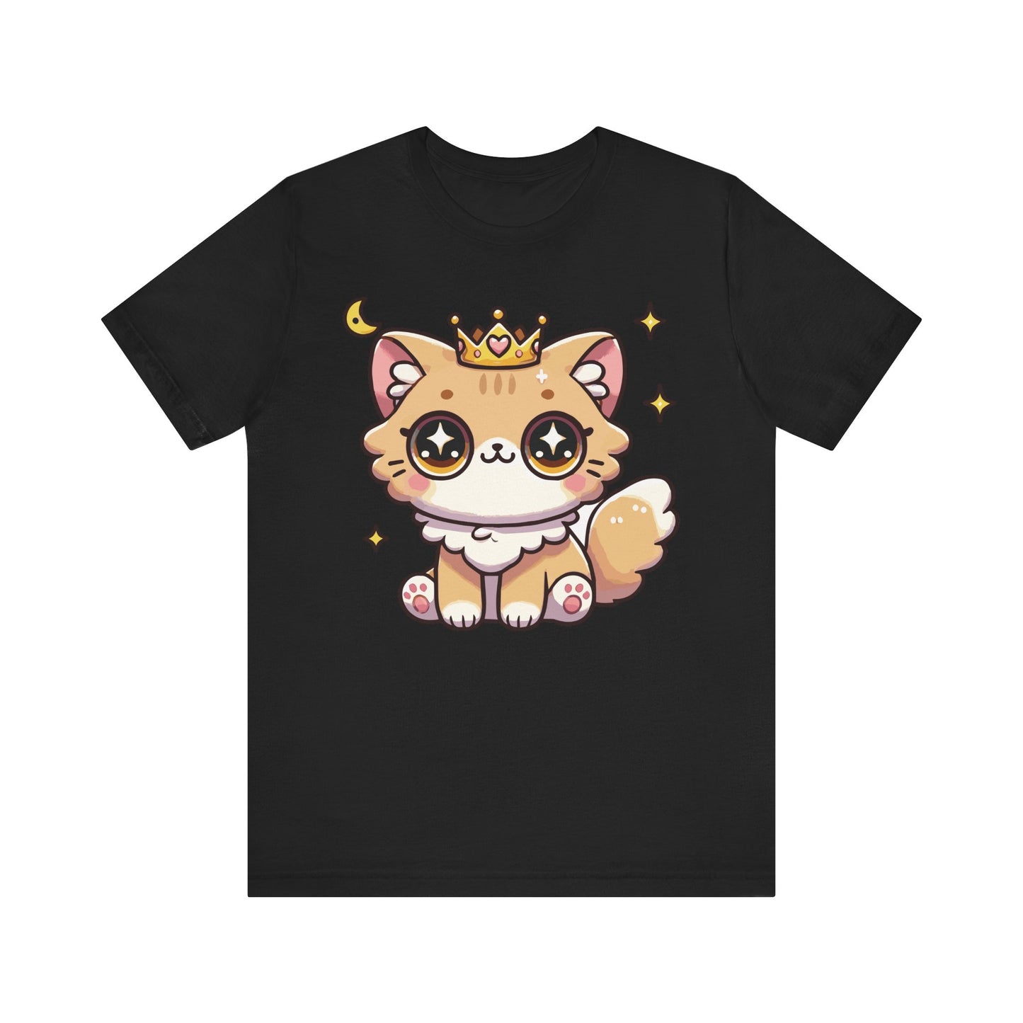 Black t-shirt featuring an adorable kawaii orange princess cat with a gold crown, sparkling eyes, and stars surrounding it, in a cute anime style.