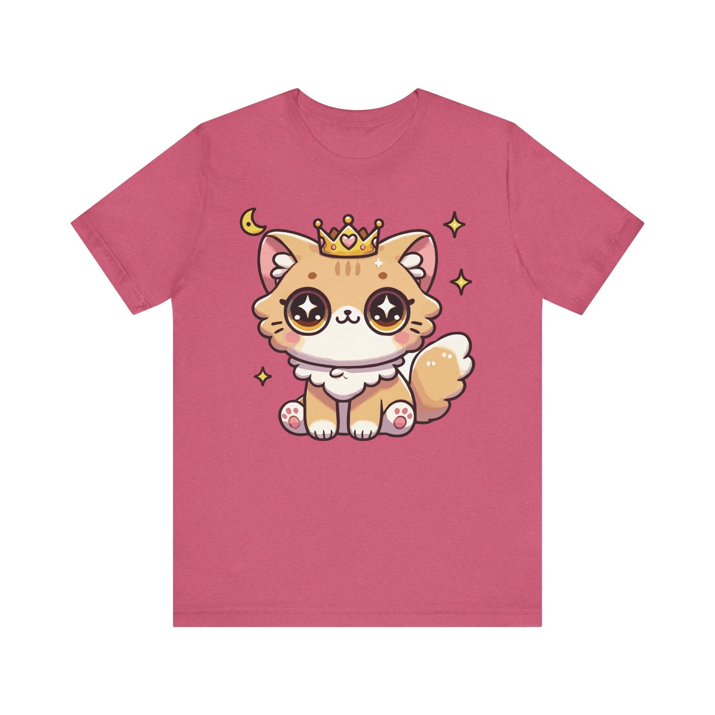 Heather raspberry t-shirt with a royal kawaii orange cat with crown and shimmering stars in a cute anime style.