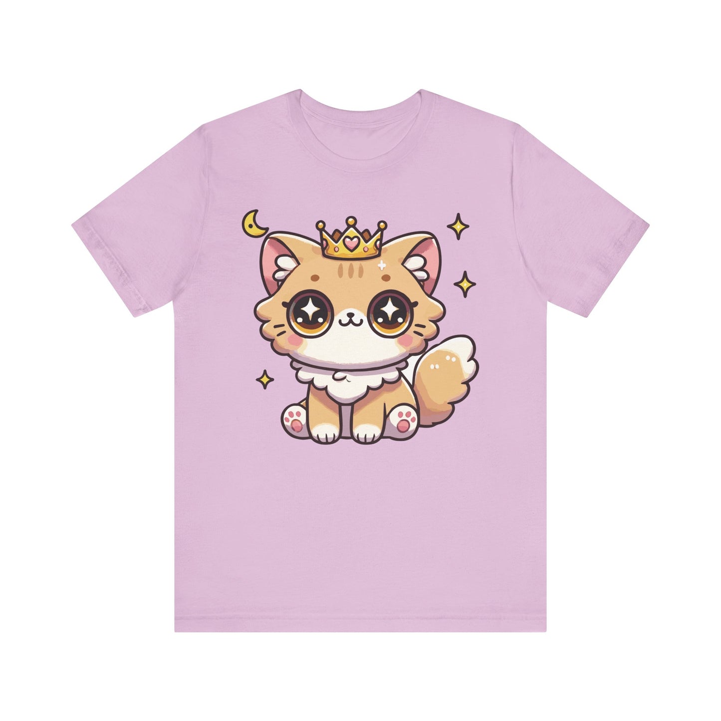 Lilac t-shirt with a cute anime-inspired princess cat, golden crown, twinkling stars, and big expressive kawaii eyes.