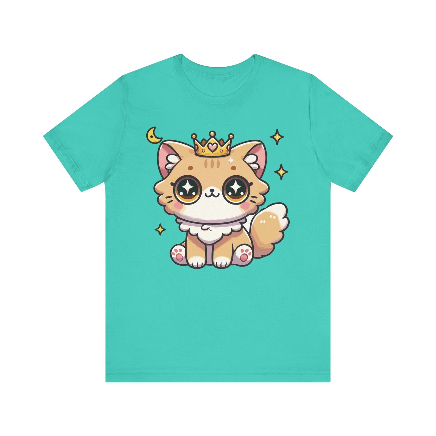 Teal t-shirt with an adorable kawaii princess orange cat, gold crown, and sparkles — a perfect mix of cute and regal.