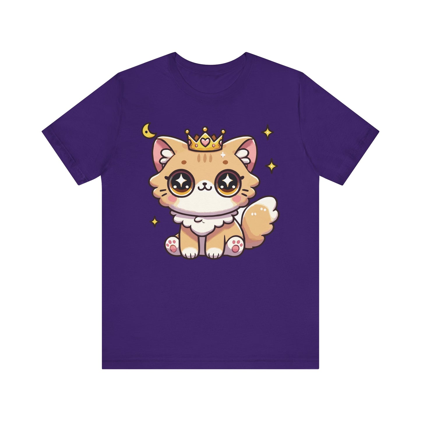 Team purple t-shirt featuring a kawaii orange princess cat with a gold crown, big sparkling eyes, and star accents in a cute anime style.