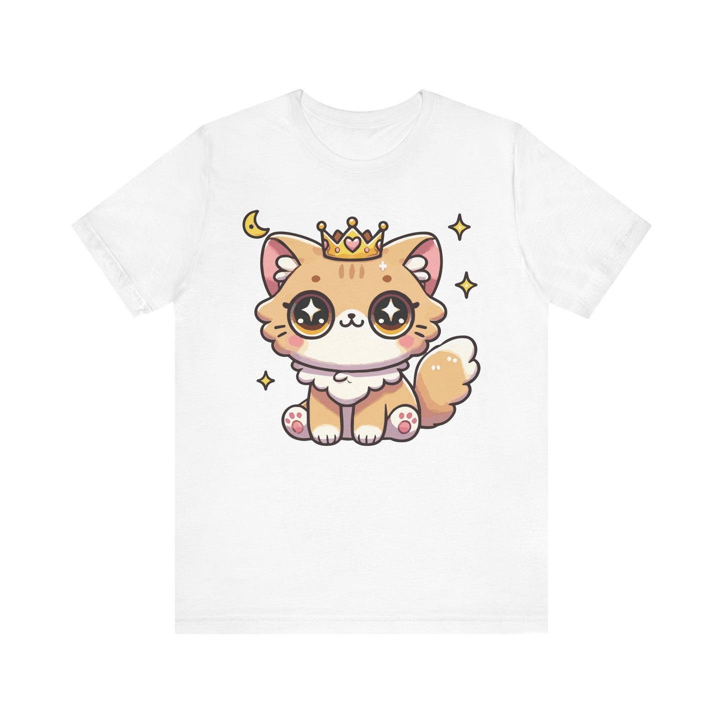 White t-shirt with an adorable kawaii orange princess cat wearing a gold crown, big sparkling eyes, and surrounded by stars.