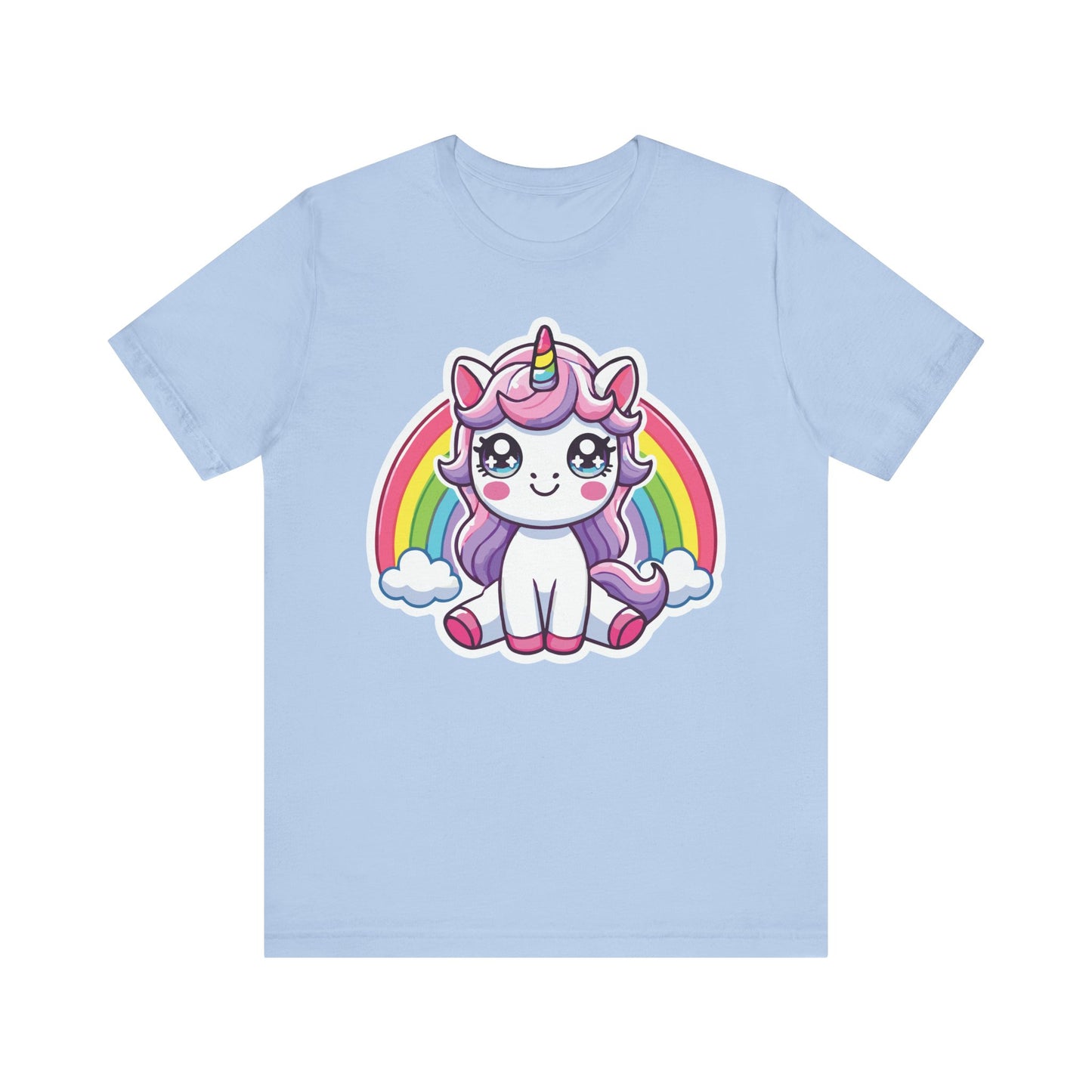Baby blue t-shirt with an adorable kawaii unicorn in pastel tones, purple mane, rainbow horn, and bright rainbow background.
