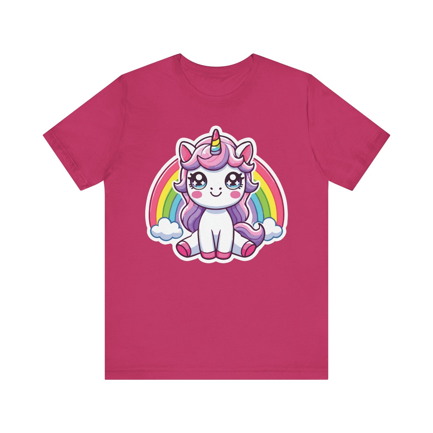 Berry t-shirt with a kawaii pastel unicorn design — big sparkling eyes, rainbow horn, purple mane, and colorful rainbow background.