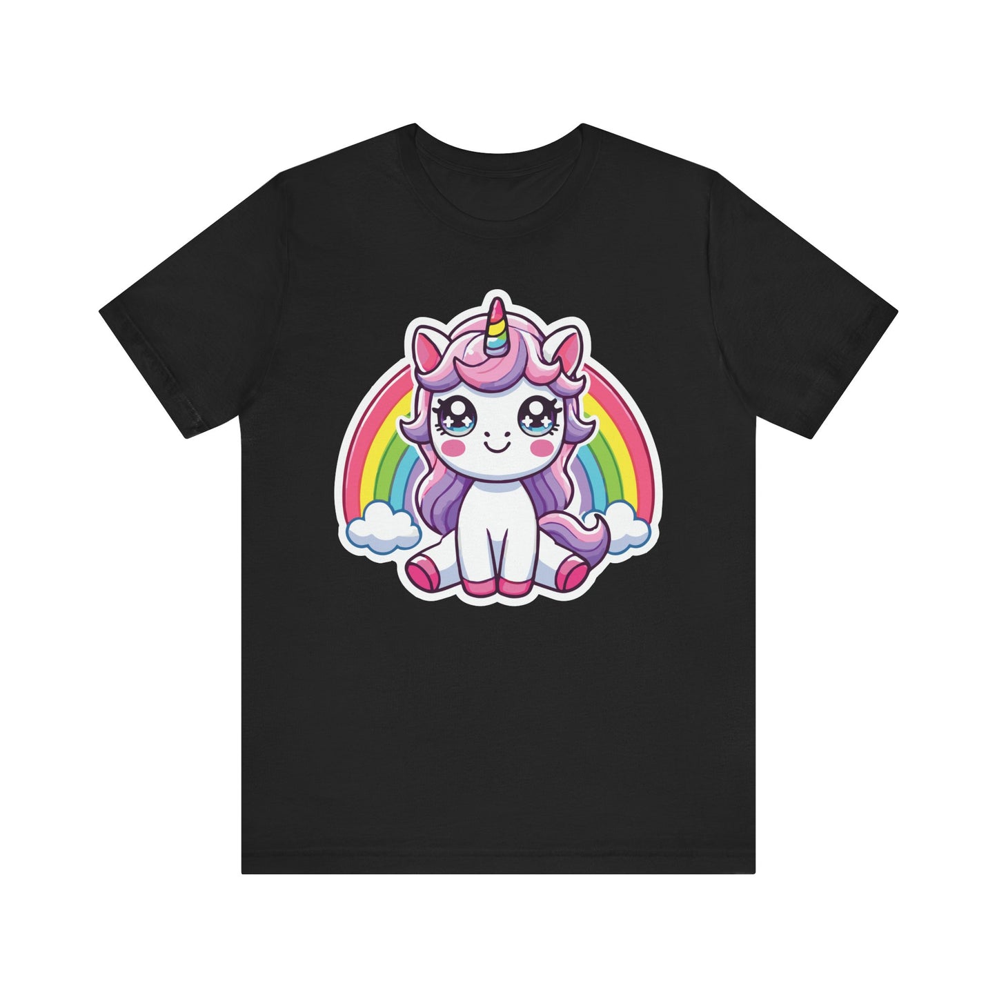 Black t-shirt featuring a kawaii pastel unicorn with big sparkling eyes, purple mane, rainbow horn, and sitting in front of a colorful rainbow with clouds.