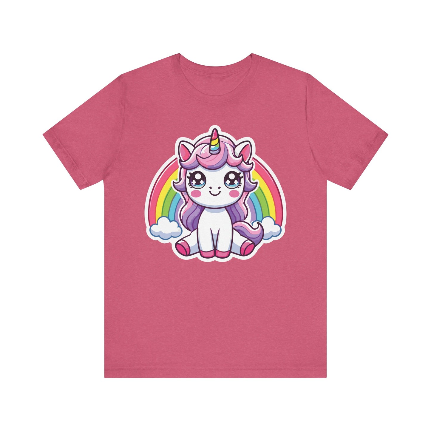 Heather raspberry t-shirt with an adorable anime-style kawaii unicorn, pastel rainbow background, and sparkly cute details.