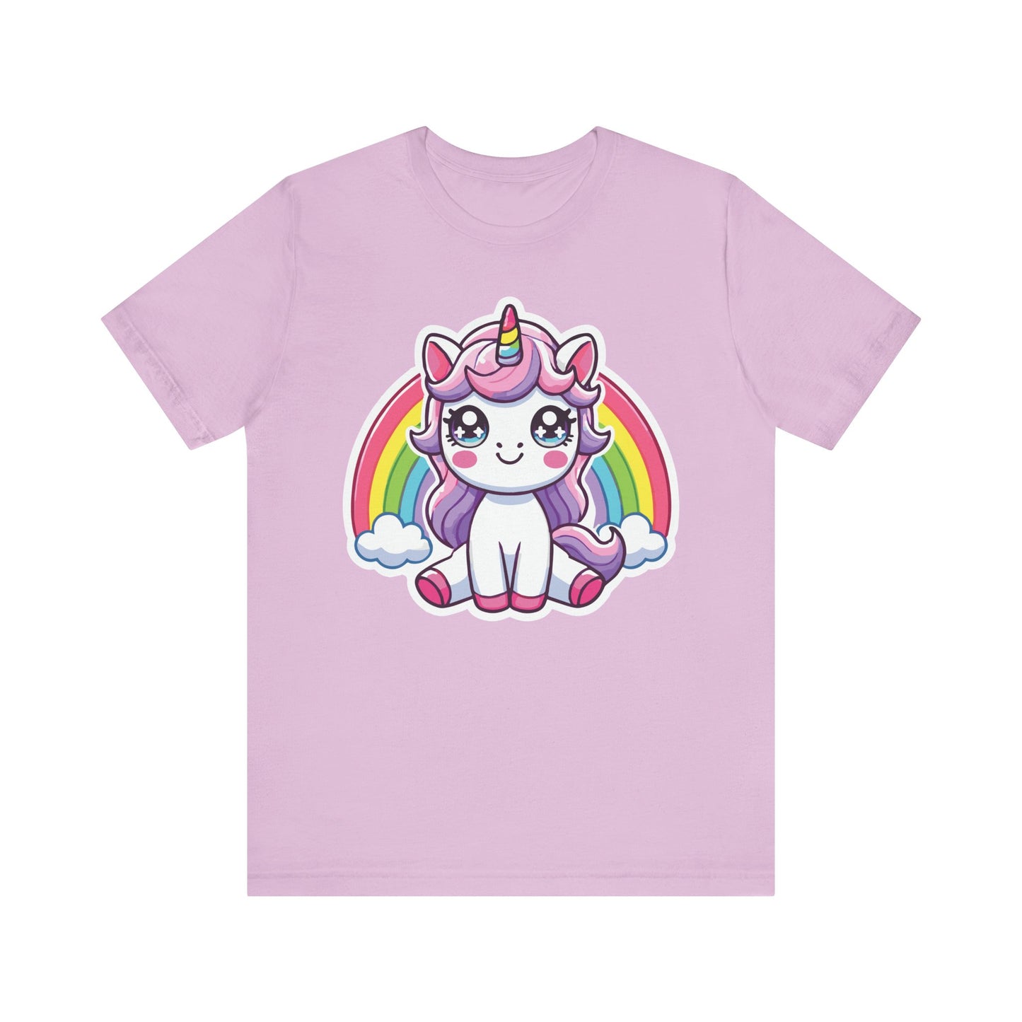 Lilac t-shirt featuring a cute pastel unicorn with purple hair, rainbow horn, sparkling anime eyes, and rainbow with clouds.
