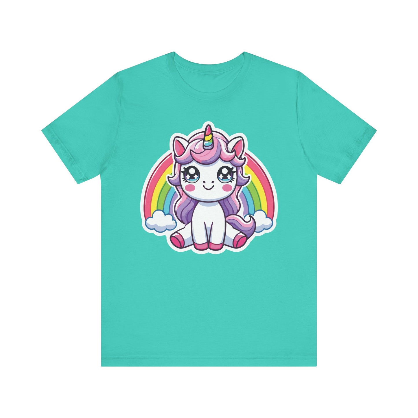 Teal t-shirt with a pastel kawaii unicorn, purple mane, rainbow horn, and sparkling anime eyes in front of a bright rainbow with clouds.