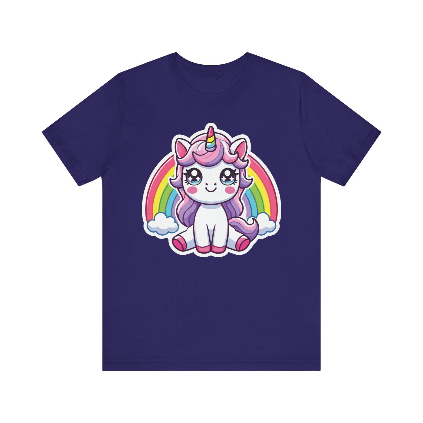 Team purple t-shirt featuring a kawaii unicorn with rainbow horn, purple mane, sparkly anime eyes, and pastel rainbow with fluffy clouds.