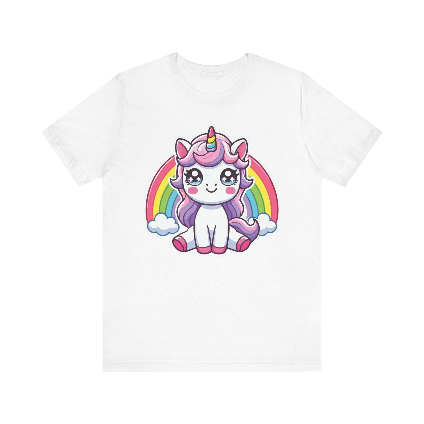 White t-shirt with a kawaii pastel unicorn with purple mane, rainbow horn, and big sparkling eyes sitting in front of a colorful rainbow with clouds.