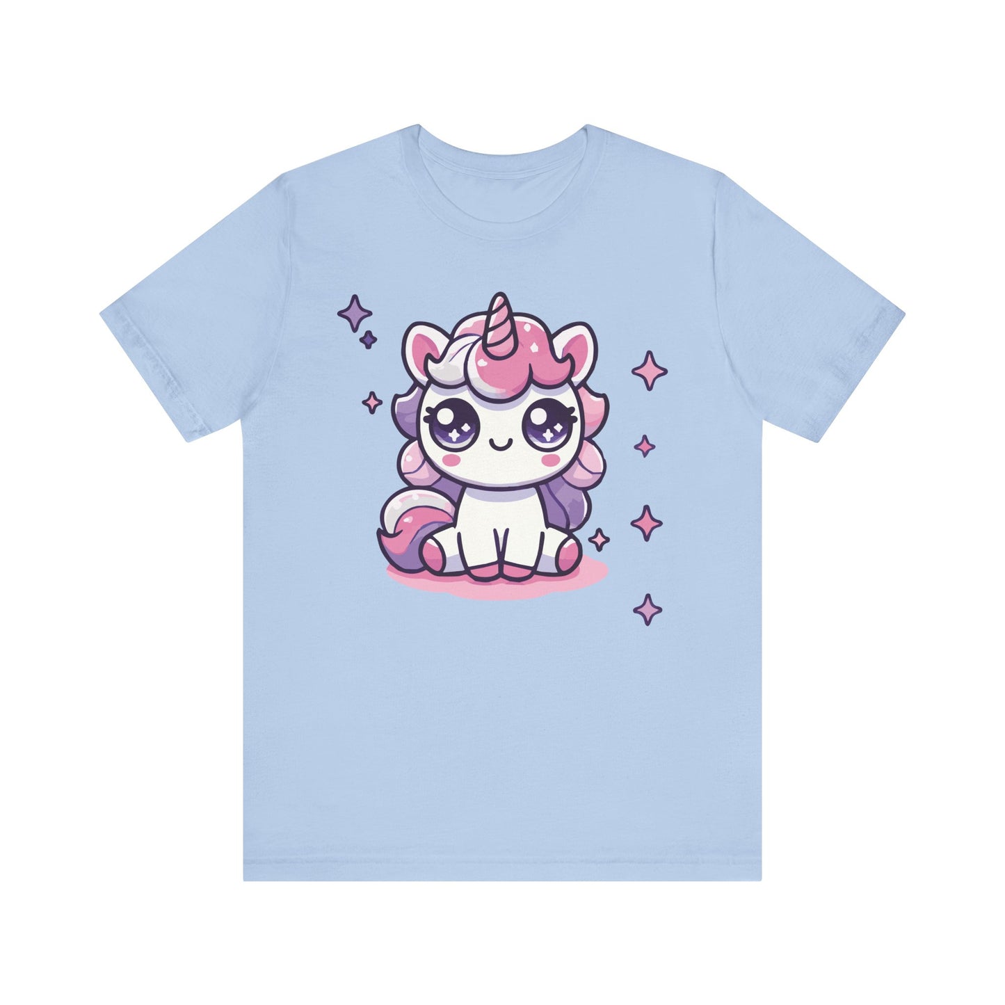Baby blue t-shirt with a pastel kawaii unicorn sitting, with sparkly pink and purple mane, big anime eyes, and twinkling stars.