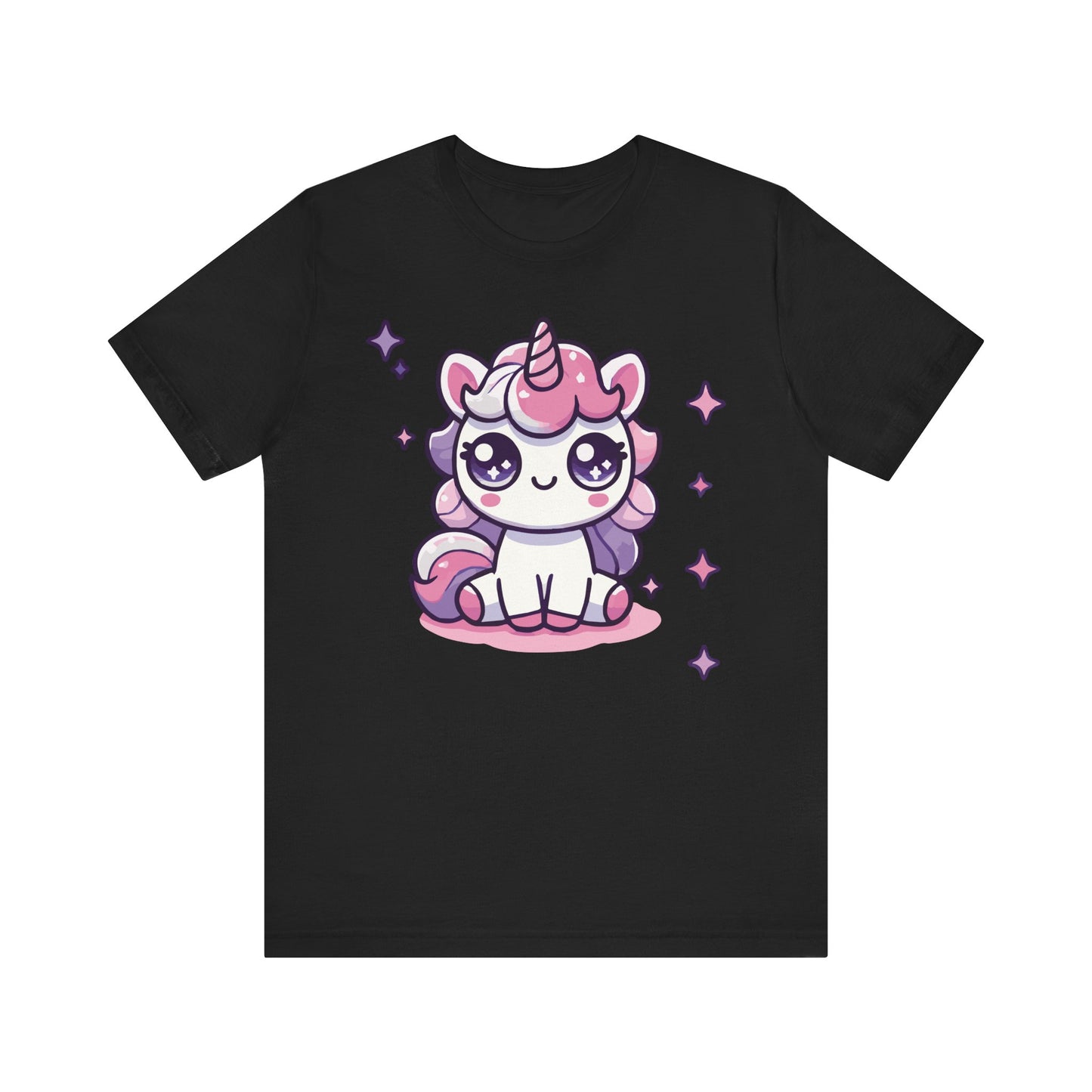 Black t-shirt with an adorable kawaii sitting unicorn with pink and purple pastel mane, sparkling eyes, and surrounded by twinkling stars in a magical anime style.