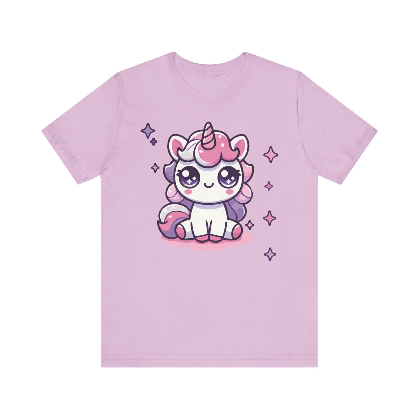 Lilac t-shirt featuring an adorable kawaii unicorn with pastel mane, big sparkling eyes, and magical star accents.