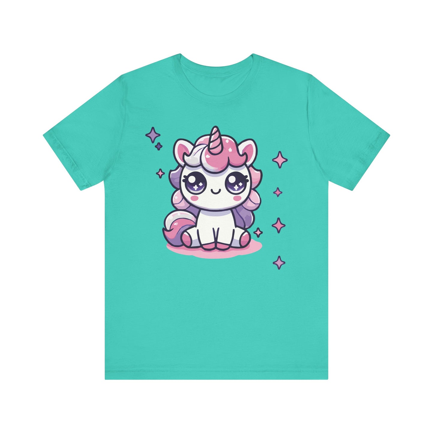 Teal t-shirt with a kawaii pastel sitting unicorn, pink and purple mane, sparkly eyes, and magical stars in anime style.