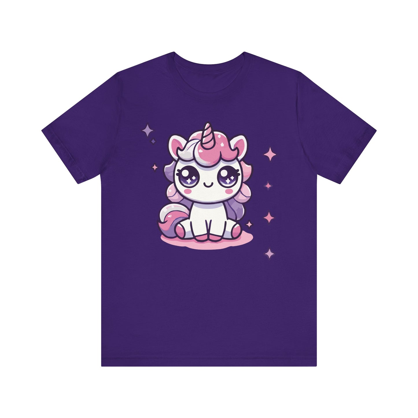 Team purple t-shirt with a kawaii sitting unicorn, pastel pink/purple mane, big sparkling anime eyes, and twinkling star accents.