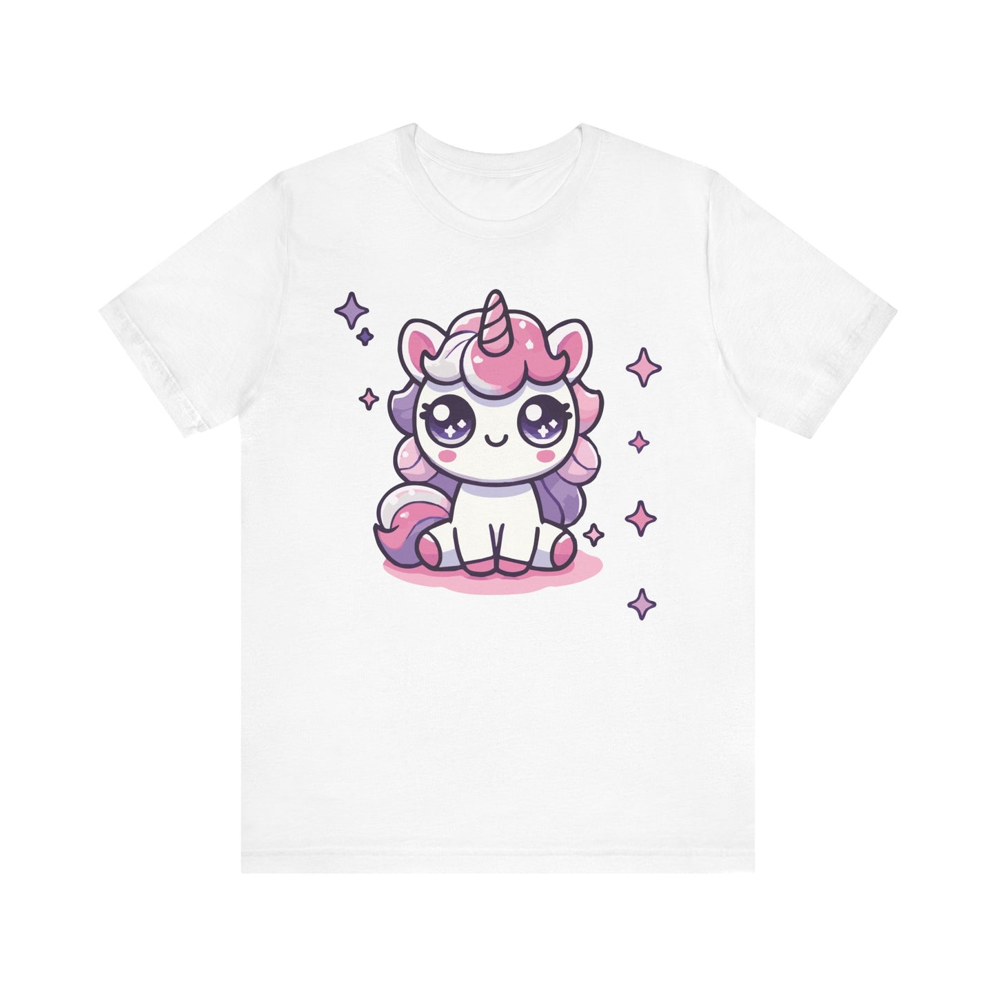 White t-shirt with a kawaii sitting unicorn, pink and purple pastel mane, sparkling anime eyes, and twinkling stars.