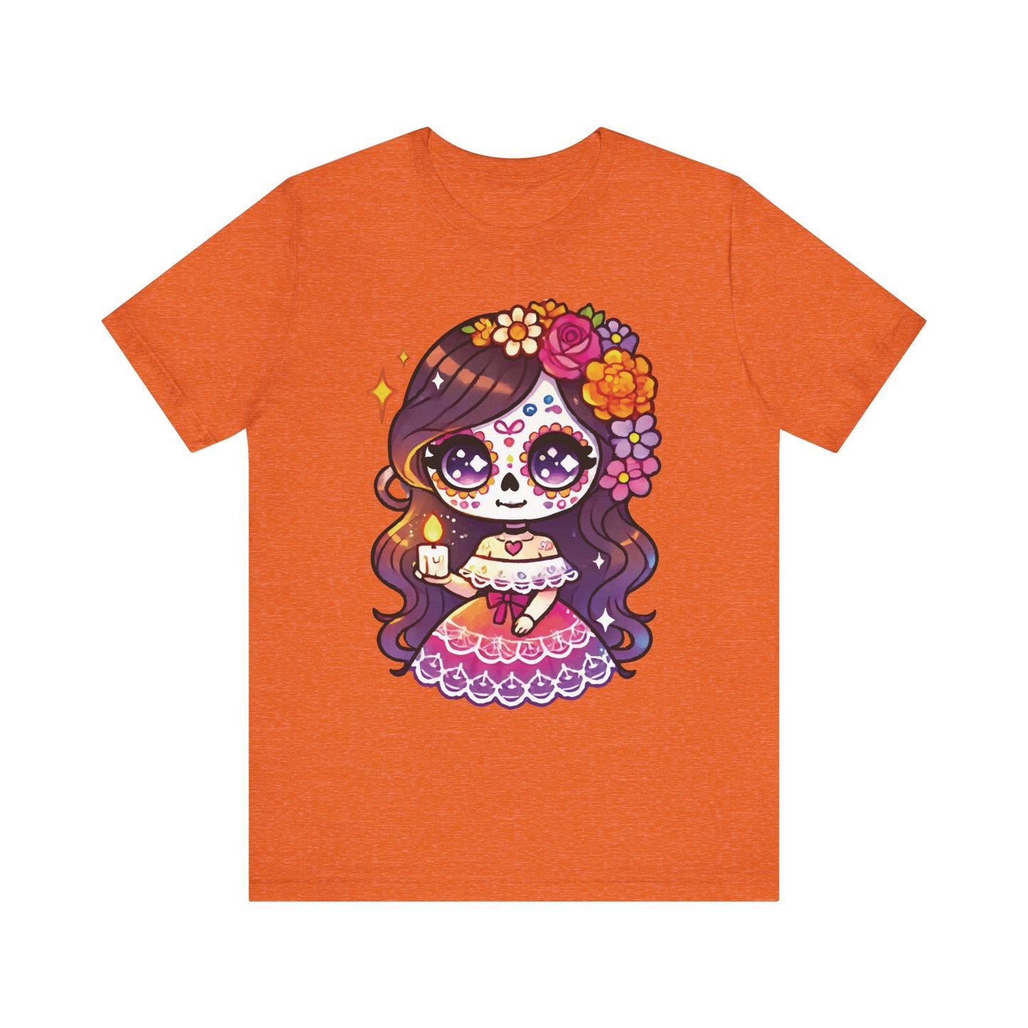 Burnt orange t-shirt with kawaii sugar skull girl holding candle, brown hair, vibrant floral crown, pink Mexican dress.