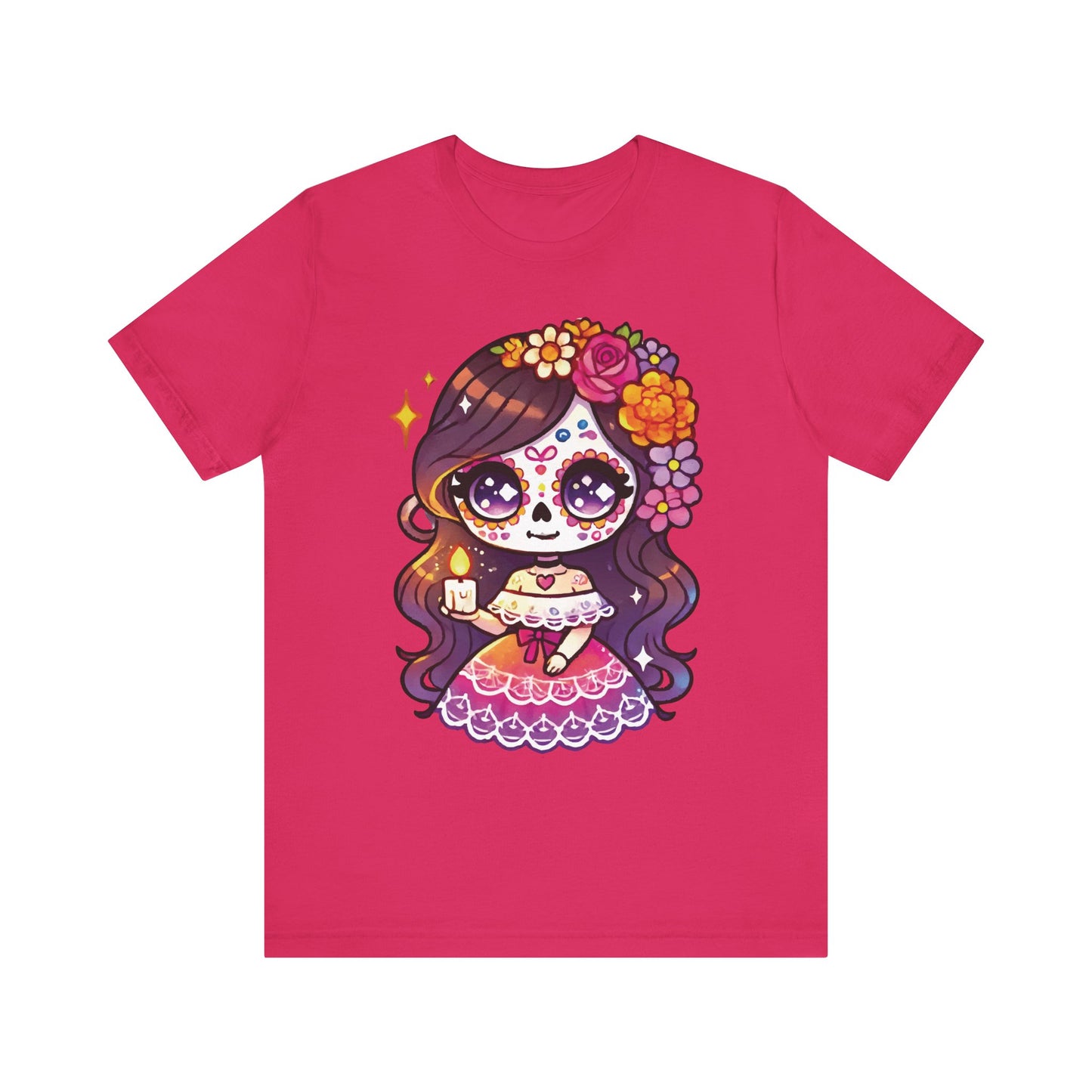 Fuchsia t-shirt with cute sugar skull girl holding candle, brown hair, floral crown, and pink Mexican dress.
