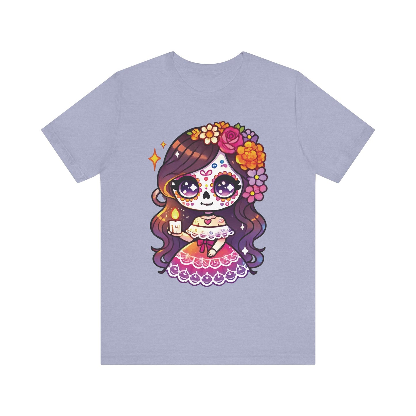 Heather blue t-shirt with kawaii sugar skull girl holding candle, brown hair, colorful floral crown, and pink Mexican dress.