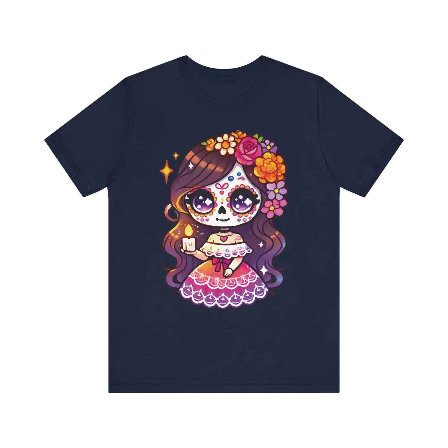 Navy t-shirt featuring kawaii sugar skull girl with candle, brown hair, vibrant floral crown, and pink Mexican dress.