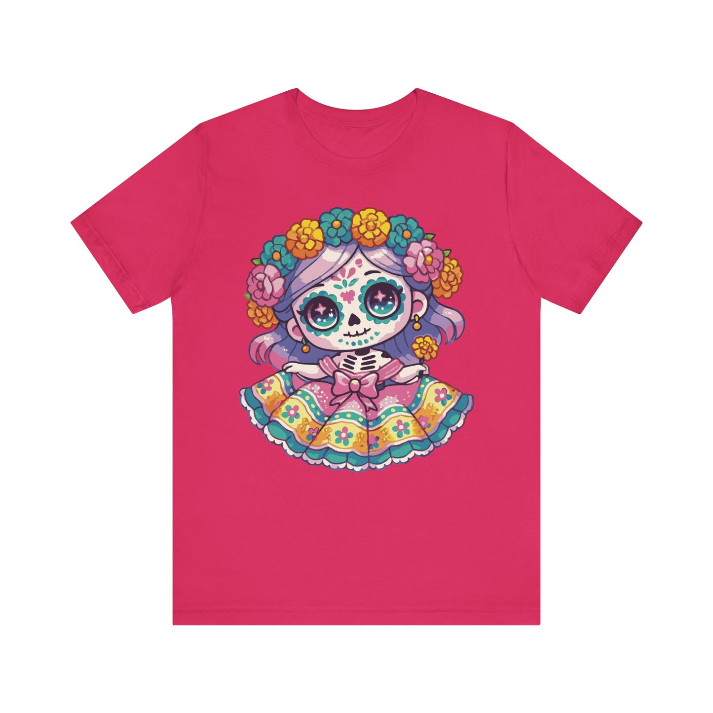 Fuchsia t-shirt featuring kawaii sugar skull girl, purple hair, bright floral crown, and colorful Mexican dress.