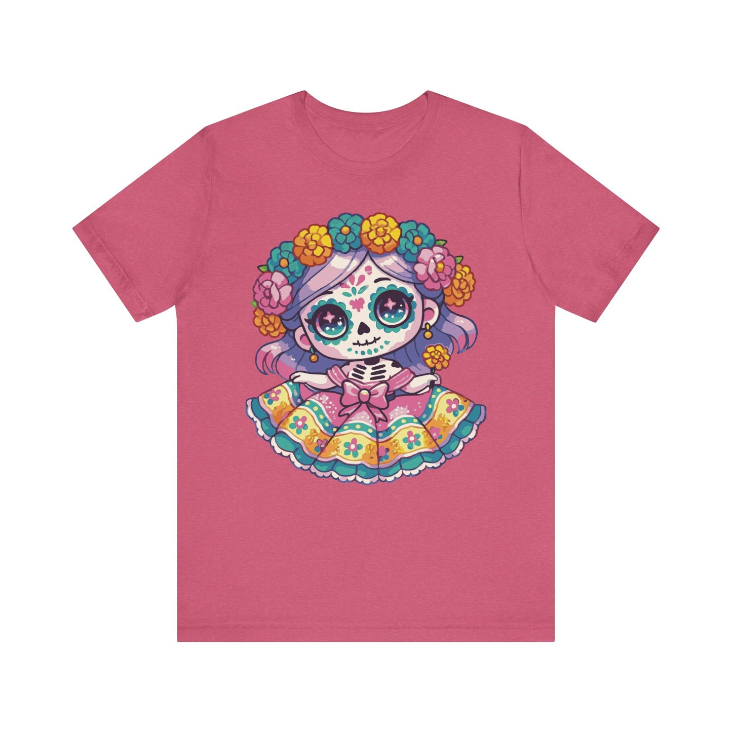 Heather raspberry t-shirt featuring kawaii sugar skull girl, purple hair, vibrant folk dress, and floral crown.