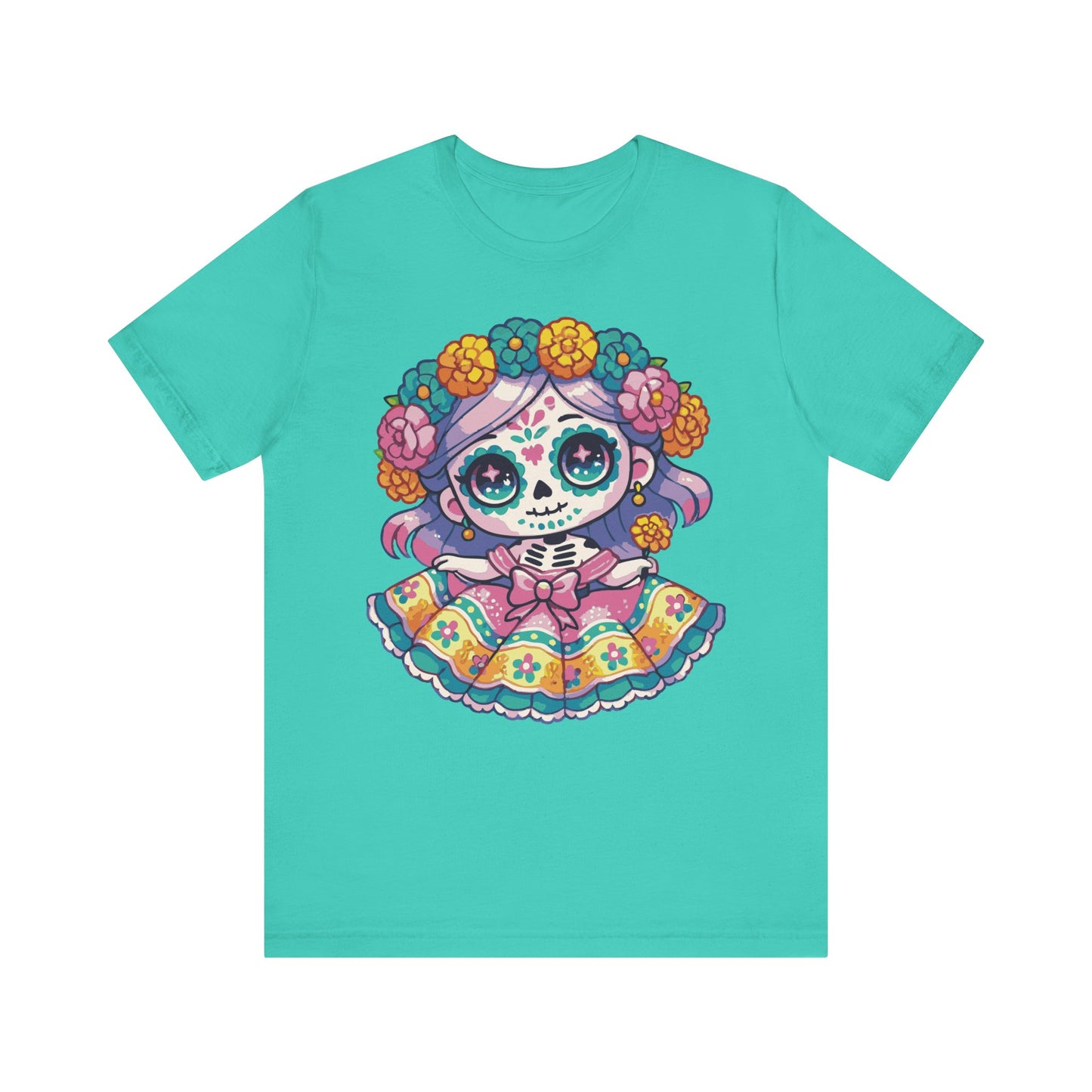 Teal t-shirt with kawaii sugar skull girl, purple hair, colorful Mexican folk dress, and floral crown.