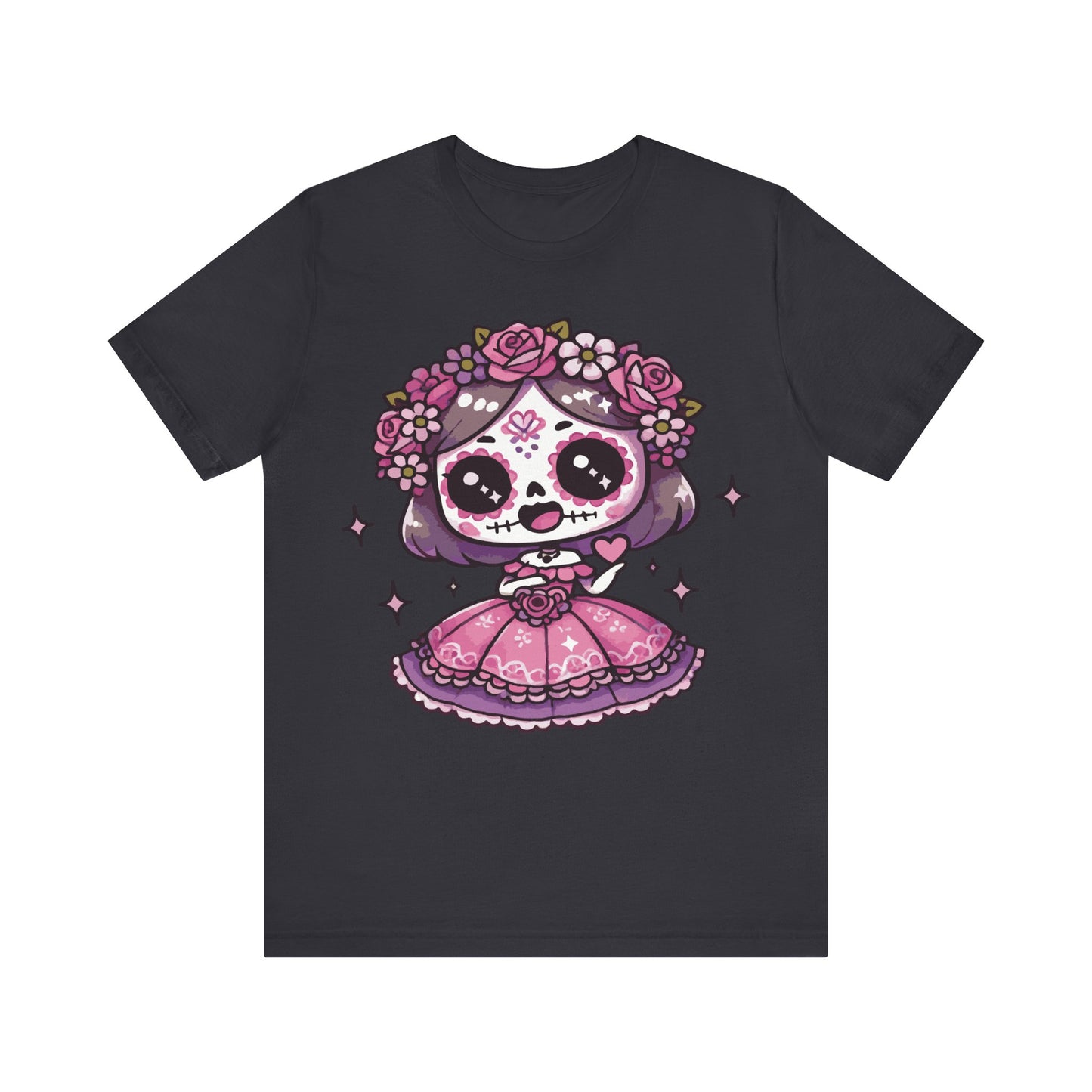 Dark grey t-shirt featuring kawaii sugar skull girl, purple hair, pink Mexican dress, floral crown of roses, and sparkles.