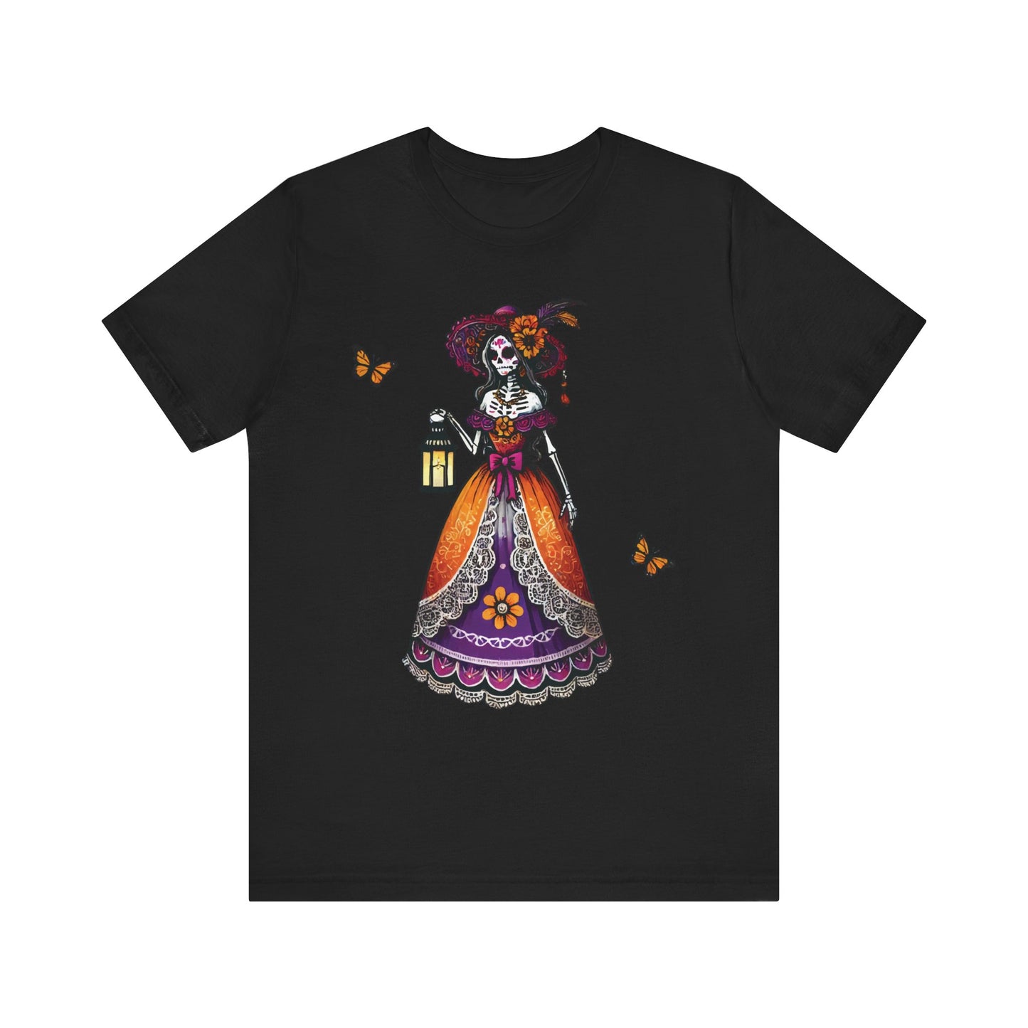 Black t-shirt featuring a vibrant Día de los Muertos La Catrina skeleton lady holding a lantern, with colorful butterflies and a detailed traditional dress.