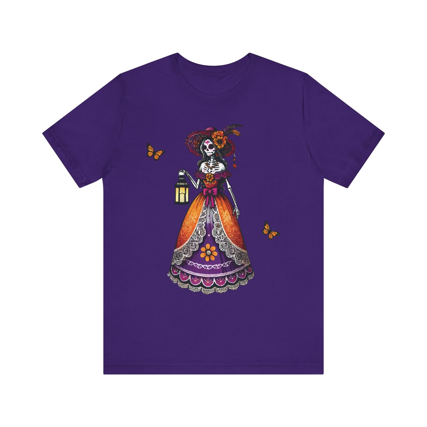 Team purple t-shirt showcasing a festive Día de los Muertos La Catrina skeleton lady with a lantern, vibrant traditional dress, and fluttering monarch butterflies.