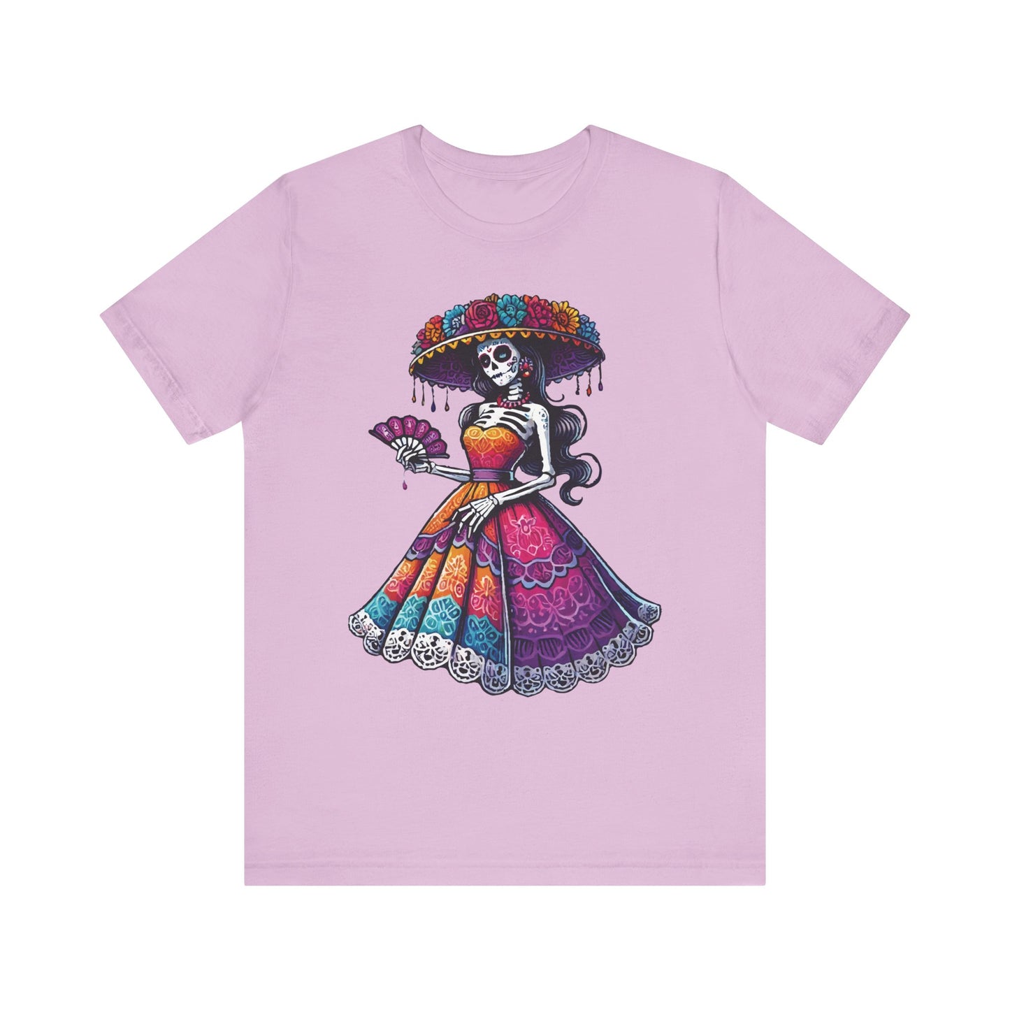 Team lilac t-shirt with a colorful Día de los Muertos La Catrina design, showcasing an elegant skeleton lady in traditional dress, floral hat, and fan.