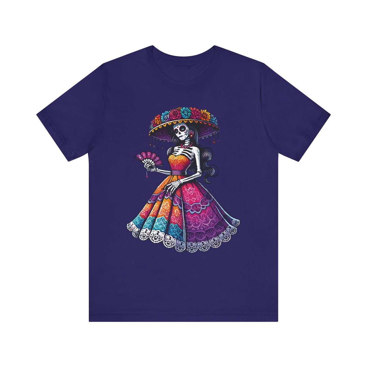 Team navy t-shirt featuring a festive Día de los Muertos illustration of La Catrina skeleton lady wearing a vivid traditional dress, floral hat, and holding a fan.